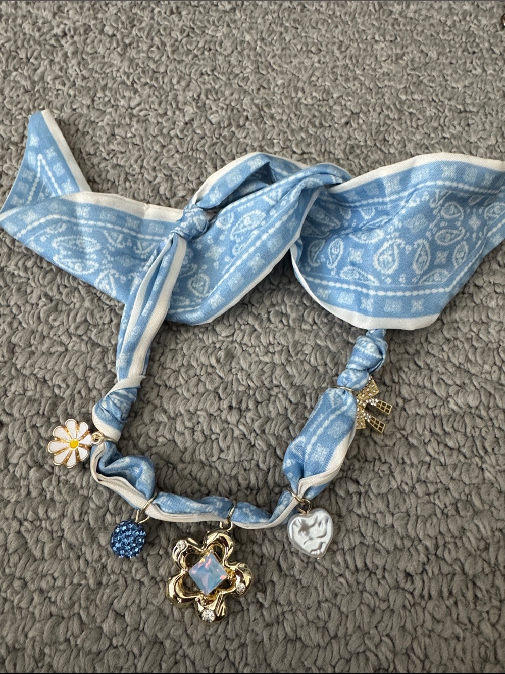 Light Blue Bandana Charm Necklace with Gold and Heart Accents